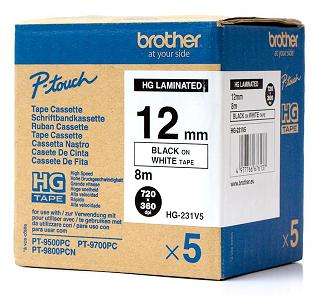 páska BROTHER HGe231 čierne písmo, biela páska HQ Tape (12mm) (5 ks)