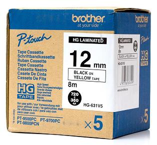 páska BROTHER HGe631 čierne písmo, žltá páska HQ Tape (12mm) (5 ks)