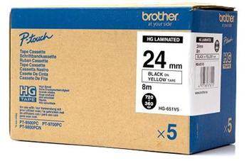 páska BROTHER HGe651 čierne písmo, žltá páska HQ Tape (24mm) (5 ks)