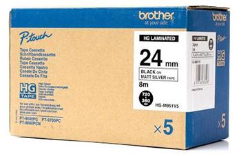 páska BROTHER HGeM951 čierne písmo, matná strieborná páska HQ Tape (24mm) (5 ks)