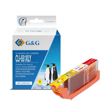 alt. kazeta G&G pre CANON CLI-551Y XL iP 7200 / iP 7250 / iP8750 / iX6850 / MG5450 / MG5550 / MG5650 / MG6350 / MG6450 (Y)