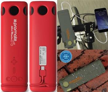 BT reproduktor + powerbank PROMATE BIKERMATE, BT 4.0, 5W, vodeodolný IPX4, LED svetlo, 8000mAh PowerBank, červená farba