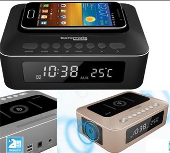 BT reproduktor + Qi bezdrôtová nabíjačka PROMATE TIMEBASE, Bluetooth 3.0, 10W, Qi, LED budík, FM rádio, čierna farba