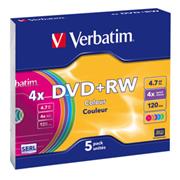 Verbatim DVD+RW, Colour, 43297, 4.7GB, 4x, slim box, 5-pack, bez možnosti potlače, 12cm, pre archiváciu dát