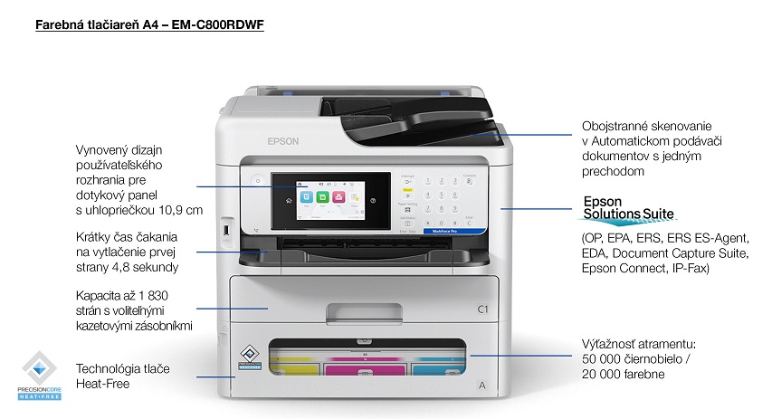 MFP farebné atram. EPSON WorkForce Pro EM-C800RDWF, A4, GLAN, DUPLEX, RASF, FAX, WiFi,