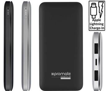 powerbank PROMATE ZENITH 10, 10.000mAh, 2x USB 1A / 2.1A, lightning + microUSB input, čierny hliník