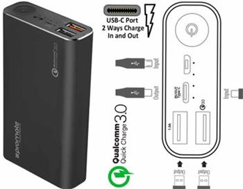 powerbank QC PROMATE POWERPEAK 10, 10.000mAh, Qualcomm Quick Charge 3.0, USB+USB typ C+QC port 3.0(5-12V), čierny hliník