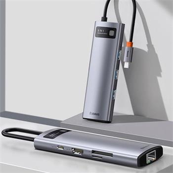 USB hub Baseus typ C multi adaptér - HDMI/USB 3.0x3/USB typ C PD/RJ45/SDreader, kovový šedý